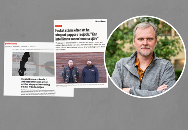 Montage med artiklar om att Elektrikerna stämts efter att ha stoppat en beordrad resa 50 mil från hemmet, tillsammans med ett porträtt av Elektrikernas förbundsordförande Urban Pettersson