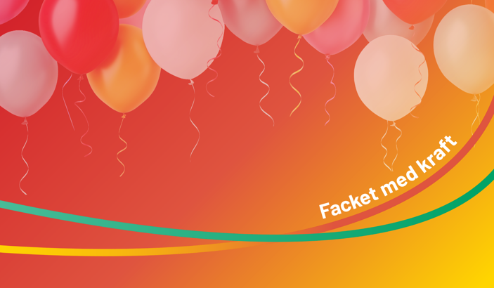 Tonad bakgrundsplatta med ballonger ovanpå och Elektrikernas motto "Facket i kraft"