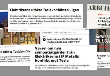 Kollage med nyhetsartiklar som rör konflikten mellan IF Metall och Tesla och Elektrikernas sympatiåtgärder