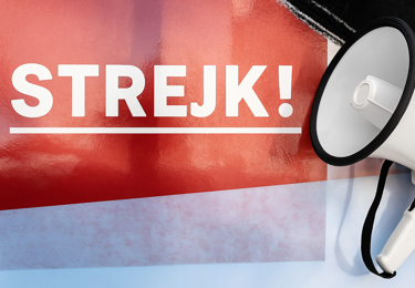 Kollage med texten "Strejk" i stora bokstäver samt en megafon