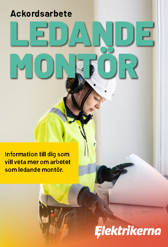 Framsida till broschyren "Ledande montör". Framsidan visar en elektriker som står och tittar i en bunt av papper.