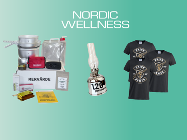 Kollage bestående av Nordic Wellness logotyp, en Folklåda från LO Mervärde, en fotogenlampa och tre t-shirts