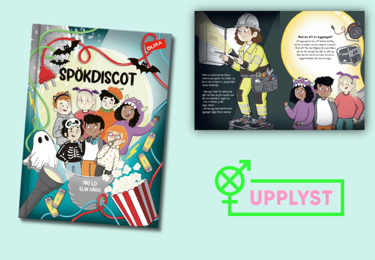 Framsida och utdrag ur barnboken Spökdiscot