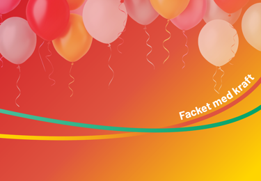 Kollage bestående av en färgad bakgrundsplatta med ballonger ovanpå, tillsammans med Elektrikernas motto "Facket med kraft"