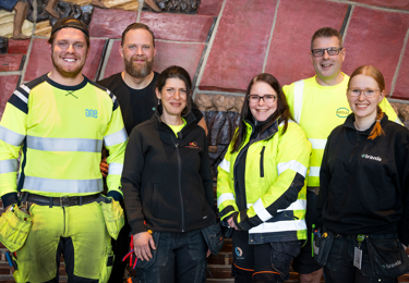 En grupp med tre manliga och tre kvinnliga elektriker som har på sig arbetskläder, tittar in kameran och ler